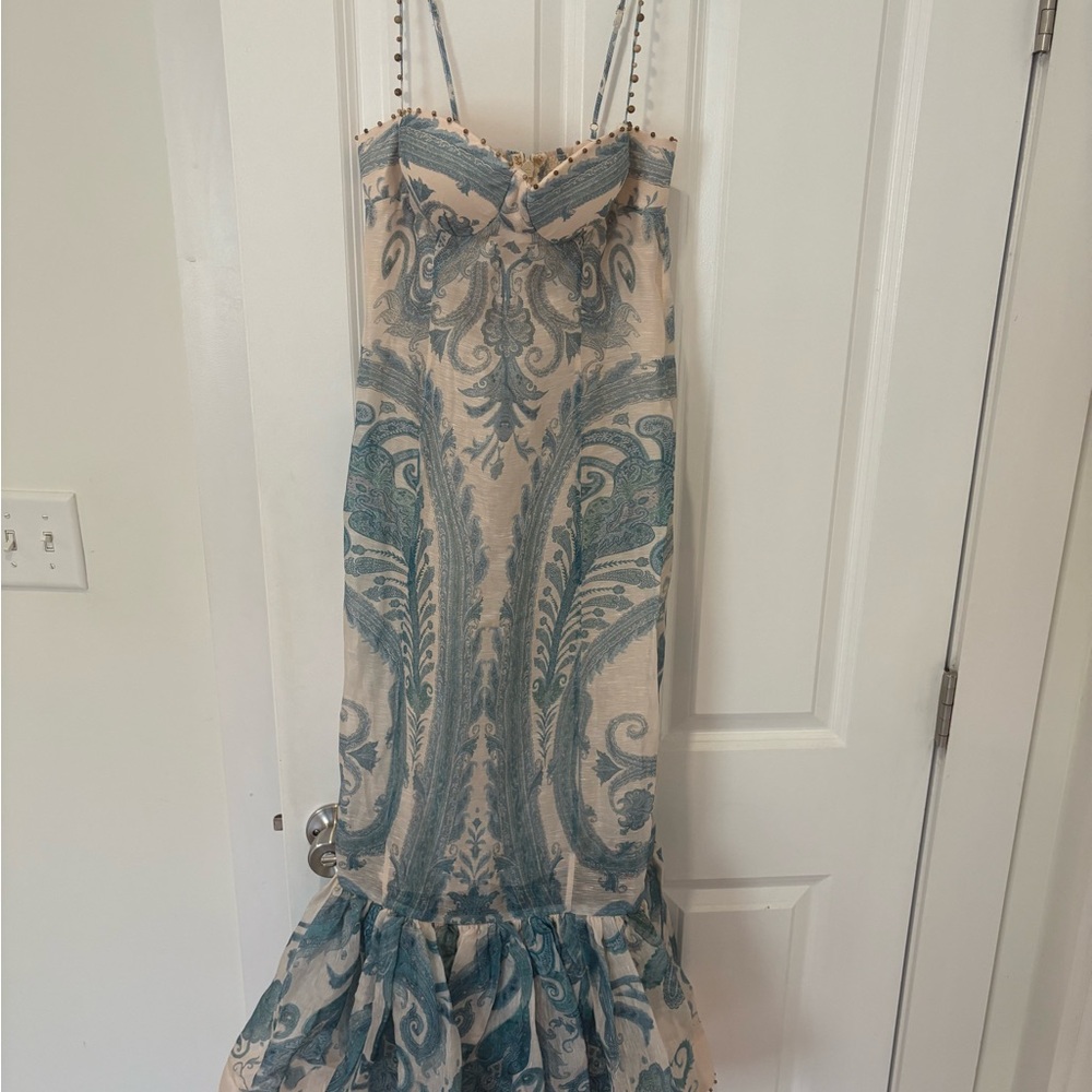 Zimmermann Blue and Cream Spaghetti Strap Maxi Dress